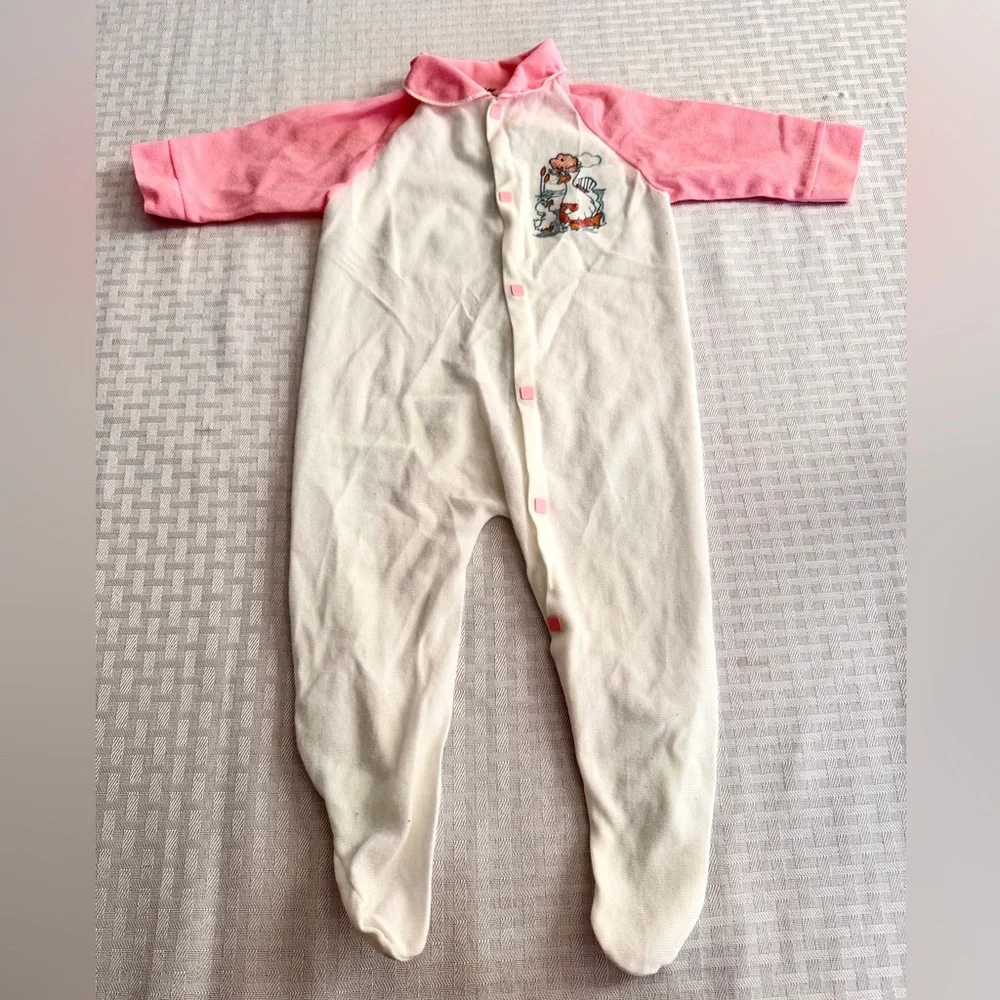 Vintage Baby Duck Footed Sleeper Pink White 3-6M‎ Retro Snap Pajamas